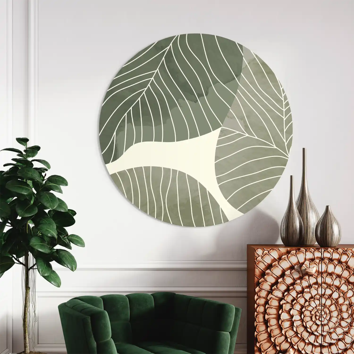 Watercolor Green Leaves Round